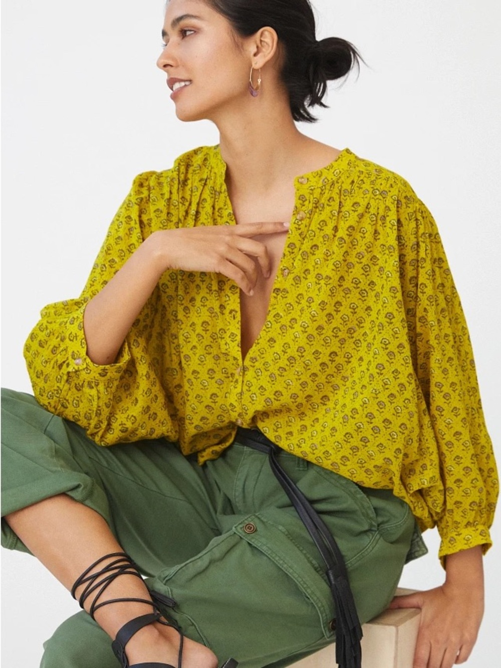 Pilcro Anthropologie Women's Yellow Printed Peasant Blouse